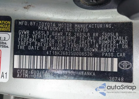 2005 Toyota Avalon Xl from USA, damaged, VIN 4T1BK36B25U006536